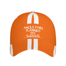 Load image into Gallery viewer, Ancestors Black, White Logo, White Strips &amp; Orange Curved Brim Baseball Cap (AOP)
