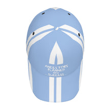 Load image into Gallery viewer, Ancestors Black, White Logo, White Strips &amp; Light Blue Curved Brim Baseball Cap (AOP)
