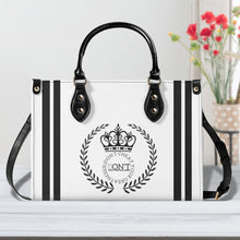 Load image into Gallery viewer, Royalty 24 Black Logo, Stripes &amp; White Multiple Sizes Upgraded Luxury Women PU Leather Handbag
