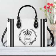 Royalty 24 Black Logo, Stripes & White Multiple Sizes Upgraded Luxury Women PU Leather Handbag