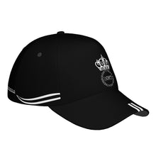 Load image into Gallery viewer, Royalty DON'T D4XV White Logo ,Stripies &amp; Black Curved Brim Baseball Cap (AOP)
