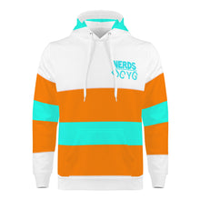 Load image into Gallery viewer, DCYG 25NC NERD Teal Logo ,Teal &amp; Orange Stripes &amp; White  Mens  All Over Print Hoodie
