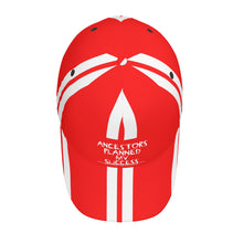 Load image into Gallery viewer, Ancestors Black, White Logo, White Strips &amp; Red Curved Brim Baseball Cap (AOP)

