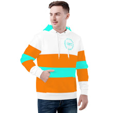 Load image into Gallery viewer, DON'T  4XDC Turquoise Logo, Orange  &amp; Turquoise Stripes Men's All Over Print Hoodie
