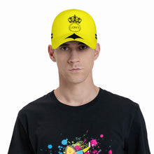Load image into Gallery viewer, Royalty DON'T D4XV Black Logo ,Stripes , Designs &amp; Yellow Curved Brim Baseball Cap (AOP)
