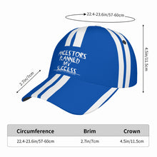 Load image into Gallery viewer, Ancestors Black, White Logo, White Stripes &amp; Blue Curved Brim Baseball Cap (AOP)
