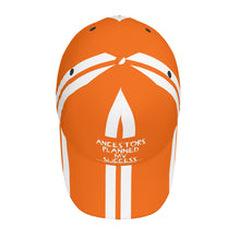 Load image into Gallery viewer, Ancestors Black, White Logo, White Strips &amp; Orange Curved Brim Baseball Cap (AOP)
