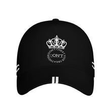 Load image into Gallery viewer, Royalty DON'T D4XV White Logo ,Stripies &amp; Black Curved Brim Baseball Cap (AOP)
