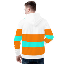Load image into Gallery viewer, DCYG 25NC NERD Teal Logo ,Teal &amp; Orange Stripes &amp; White  Mens  All Over Print Hoodie
