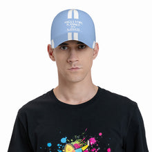 Load image into Gallery viewer, Ancestors Black, White Logo, White Strips &amp; Light Blue Curved Brim Baseball Cap (AOP)
