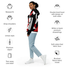 Load image into Gallery viewer, DCYG 45Dgr  White Logo &amp; Red,Black, &amp; White Unisex zip hoodie
