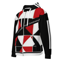 Load image into Gallery viewer, DCYG 45Dgr  White Logo &amp; Red,Black, &amp; White Unisex zip hoodie
