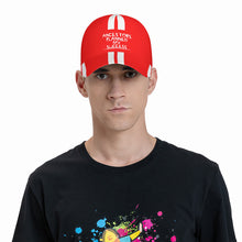 Load image into Gallery viewer, Ancestors Black, White Logo, White Strips &amp; Red Curved Brim Baseball Cap (AOP)
