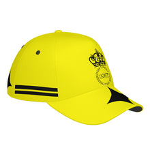 Load image into Gallery viewer, Royalty DON'T D4XV Black Logo ,Stripes , Designs &amp; Yellow Curved Brim Baseball Cap (AOP)
