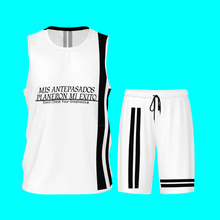 Load image into Gallery viewer, Ancestors Latino, Black Logo &amp; Black and White Stripes Men’s Basketball Uniform Jersey Set
