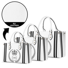 Load image into Gallery viewer, Royalty 24  Black Logo ,Stripes &amp; White Multiple Sizes Upgraded Luxury Women PU Leather Handbag
