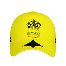 Load image into Gallery viewer, Royalty DON'T D4XV Black Logo ,Stripes , Designs &amp; Yellow Curved Brim Baseball Cap (AOP)
