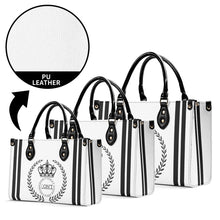 Load image into Gallery viewer, Royalty 24  Black Logo ,Stripes &amp; White Multiple Sizes Upgraded Luxury Women PU Leather Handbag
