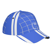 Load image into Gallery viewer, Royalty DON'T D4XV  White Logo, Stripes &amp; Royal Blue Curved Brim Baseball Cap (AOP)

