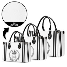 Load image into Gallery viewer, Royalty 24 Black Logo, Stripes &amp; White Multiple Sizes Upgraded Luxury Women PU Leather Handbag

