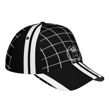 Load image into Gallery viewer, Royalty 24 White Logo , Netting ,Stripes &amp; Black Curved Brim Baseball Cap (AOP)
