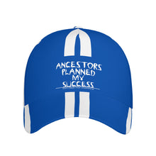 Load image into Gallery viewer, Ancestors Black, White Logo, White Stripes &amp; Blue Curved Brim Baseball Cap (AOP)
