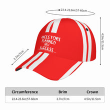 Load image into Gallery viewer, Ancestors Black, White Logo, White Strips &amp; Red Curved Brim Baseball Cap (AOP)
