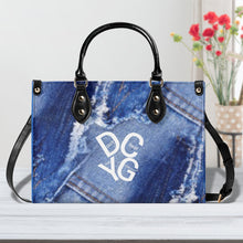 Load image into Gallery viewer, DRIP LO White Logo &amp; Denim Multiple Sizes Upgraded Luxury Women PU Leather Handbag

