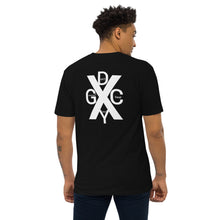 Load image into Gallery viewer, DCYG X White logo &amp; Black Men’s premium heavyweight tee

