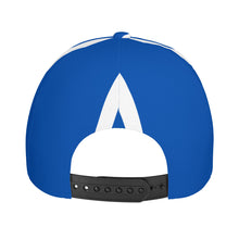 Load image into Gallery viewer, Ancestors Black, White Logo, White Stripes &amp; Blue Curved Brim Baseball Cap (AOP)

