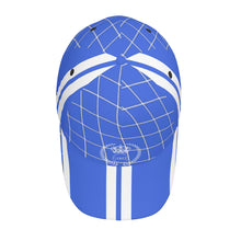 Load image into Gallery viewer, Royalty DON'T D4XV  White Logo, Stripes &amp; Royal Blue Curved Brim Baseball Cap (AOP)
