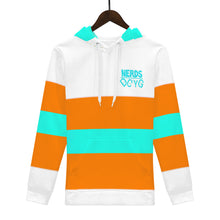 Load image into Gallery viewer, DCYG 25NC NERD Teal Logo ,Teal &amp; Orange Stripes &amp; White  Mens  All Over Print Hoodie

