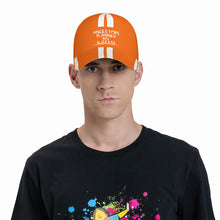 Load image into Gallery viewer, Ancestors Black, White Logo, White Strips &amp; Orange Curved Brim Baseball Cap (AOP)
