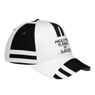 Ancestors Black, Black Logo, White ,Black Stripes & White Curved Brim Baseball Cap (AOP)