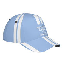 Load image into Gallery viewer, Ancestors Black, White Logo, White Strips &amp; Light Blue Curved Brim Baseball Cap (AOP)

