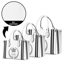Load image into Gallery viewer, Royalty 24 Black Logo, Stripes &amp; White Multiple Sizes Upgraded Luxury Women PU Leather Handbag
