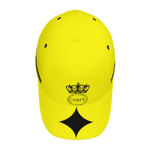 Load image into Gallery viewer, Royalty DON'T D4XV Black Logo ,Stripes , Designs &amp; Yellow Curved Brim Baseball Cap (AOP)
